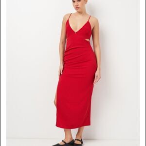 Zara Womens Maxi Dress XL Red Ruched Cutout sides bodycon Stretch 2298/173 NWT